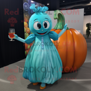 Turquoise Pumpkin mascot costume character dressed with a Cocktail Dress and Hairpins