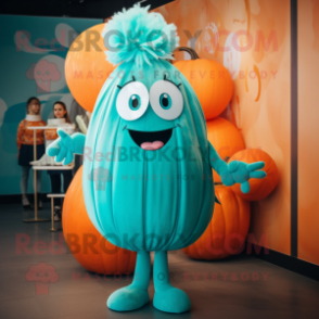 Turquoise Pumpkin mascot costume character dressed with a Cocktail Dress and Hairpins