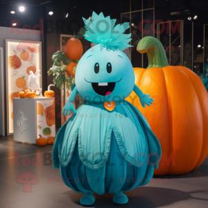 Turquoise Pumpkin mascot costume character dressed with a Cocktail Dress and Hairpins
