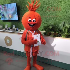 Red Carrot mascot costume character dressed with a Rash Guard and Bracelet watches