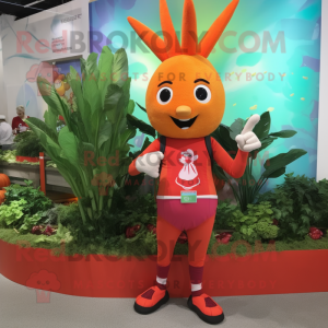 Red Carrot mascot costume character dressed with a Rash Guard and Bracelet watches