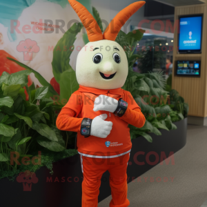 Red Carrot mascot costume character dressed with a Rash Guard and Bracelet watches