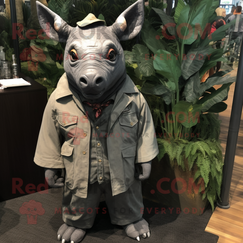 Black Rhinoceros mascot costume character dressed with a Parka and Pocket squares