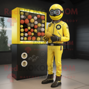 Lemon Yellow Gumball Machine mascot costume character dressed with a Biker Jacket and Rings