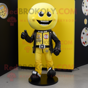 Lemon Yellow Gumball Machine mascot costume character dressed with a Biker Jacket and Rings