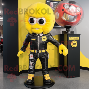 Lemon Yellow Gumball Machine mascot costume character dressed with a Biker Jacket and Rings