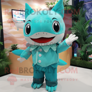 Turquoise Shark mascot costume character dressed with a Blouse and Mittens