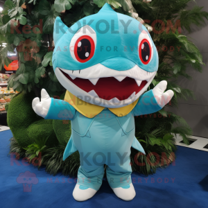 Turquoise Shark mascot costume character dressed with a Blouse and Mittens