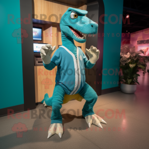 Teal Velociraptor mascot costume character dressed with a Running Shorts and Wallets