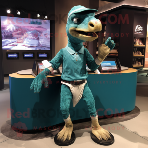 Teal Velociraptor mascot costume character dressed with a Running Shorts and Wallets