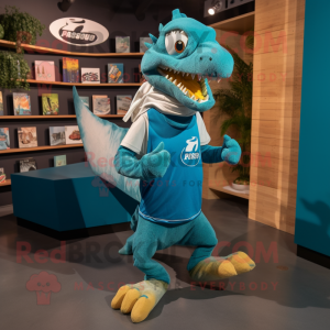 Teal Velociraptor mascot costume character dressed with a Running Shorts and Wallets