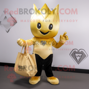 Gold Beet mascot costume character dressed with a V-Neck Tee and Tote bags