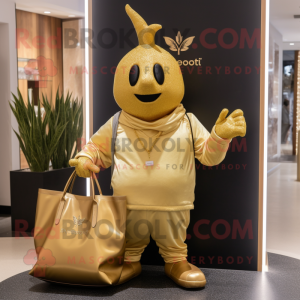 Gold Beet mascot costume character dressed with a V-Neck Tee and Tote bags
