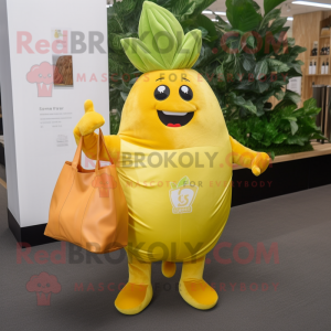 Gold Beet mascot costume character dressed with a V-Neck Tee and Tote bags