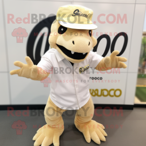 Cream Komodo Dragon mascot costume character dressed with a Polo Tee and Berets