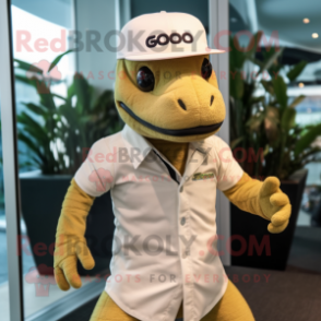 Cream Komodo Dragon mascot costume character dressed with a Polo Tee and Berets