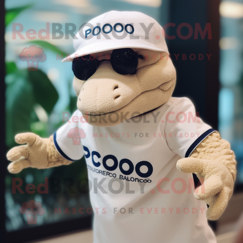 Cream Komodo Dragon mascot costume character dressed with a Polo Tee and Berets