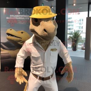 Cream Komodo Dragon mascot costume character dressed with a Polo Tee and Berets