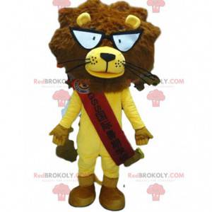Mascotte de lion avec des lunettes, costume de lion jaune -