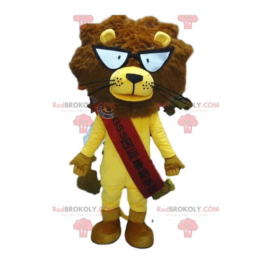 Mascote leão com óculos, fantasia de leão amarelo -