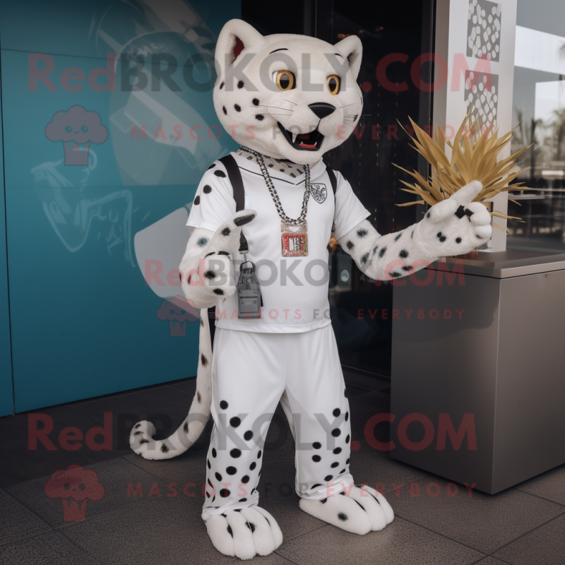 White Cheetah mascot costume character dressed with a Joggers and Keychains