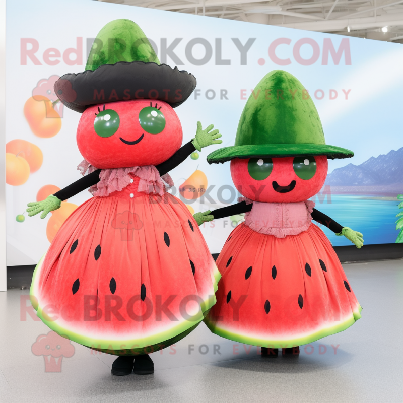 Rust Watermelon mascot costume character dressed with a Ball Gown and Berets