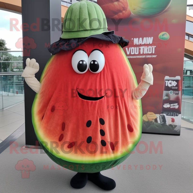 Rust Watermelon mascot costume character dressed with a Ball Gown and Berets