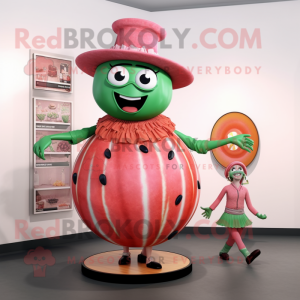 Rust Watermelon mascot costume character dressed with a Ball Gown and Berets