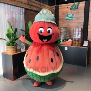 Rust Watermelon mascot costume character dressed with a Ball Gown and Berets