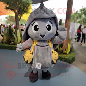 Gray Mango mascot costume character dressed with a A-Line Dress and Backpacks