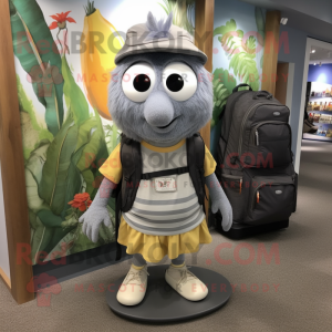 Gray Mango mascot costume character dressed with a A-Line Dress and Backpacks