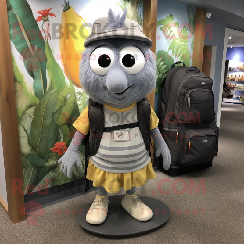 Gray Mango mascot costume character dressed with a A-Line Dress and Backpacks Gray Mango mascot costume character dressed with a A-Line Dress and Backpacks