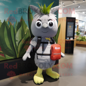 Gray Mango mascot costume character dressed with a A-Line Dress and Backpacks