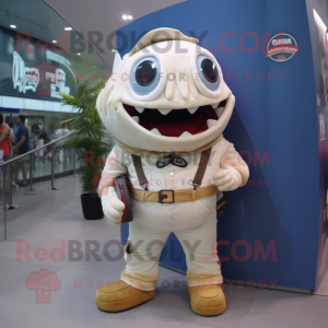 Cream Piranha mascot costume character dressed with a Bootcut Jeans and Digital watches