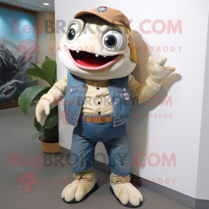Cream Piranha mascot costume character dressed with a Bootcut Jeans and Digital watches