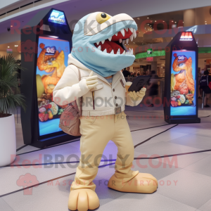 Cream Piranha mascot costume character dressed with a Bootcut Jeans and Digital watches