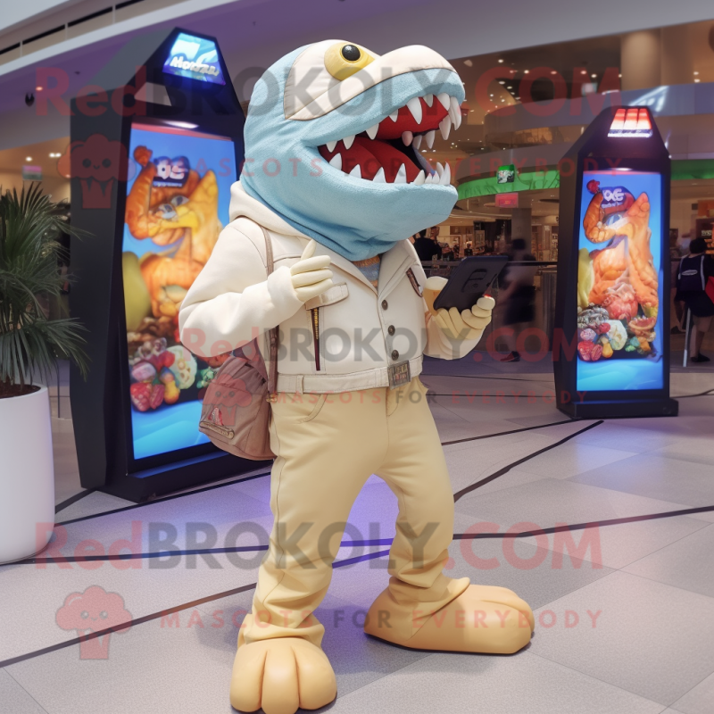 Cream Piranha mascot costume character dressed with a Bootcut Jeans and Digital watches