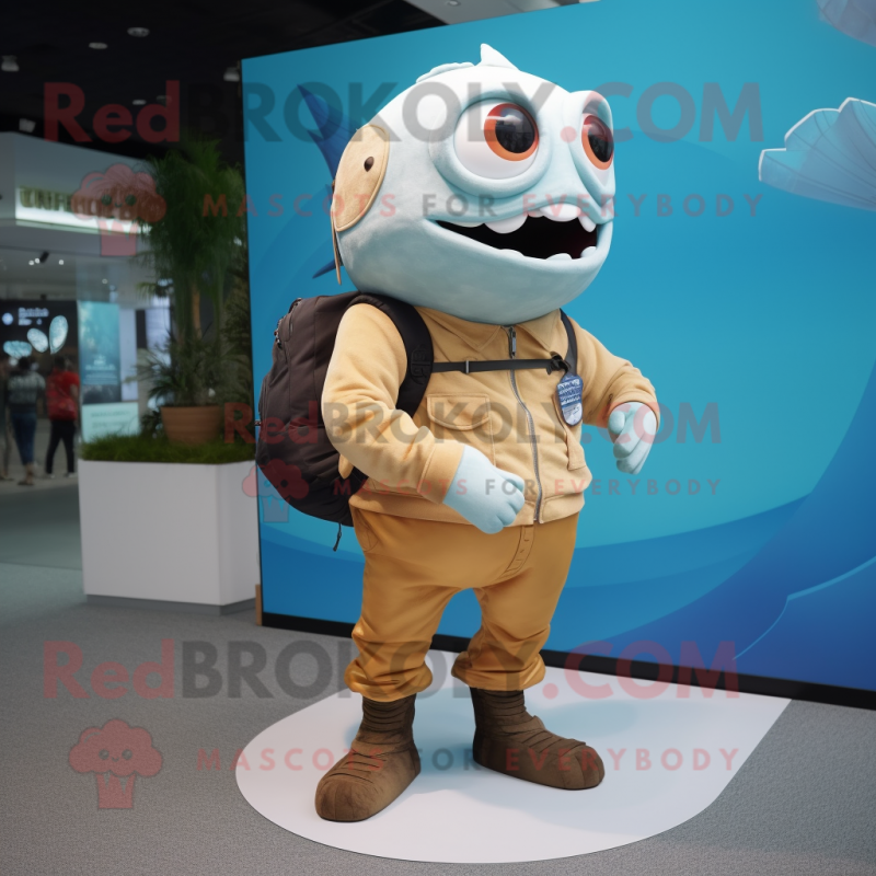 Cream Piranha mascot costume character dressed with a Bootcut Jeans and Digital watches