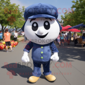 Navy Apple mascot costume character dressed with a Denim Shorts and Caps