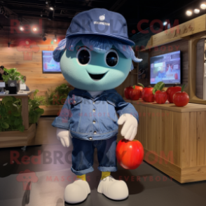 Navy Apple mascot costume character dressed with a Denim Shorts and Caps