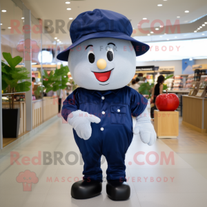 Navy Apple mascot costume character dressed with a Denim Shorts and Caps
