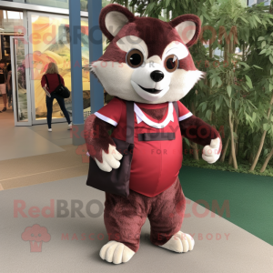 Maroon Raccoon mascot costume character dressed with a Bermuda Shorts and Clutch bags