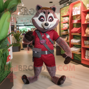 Maroon Raccoon mascot costume character dressed with a Bermuda Shorts and Clutch bags