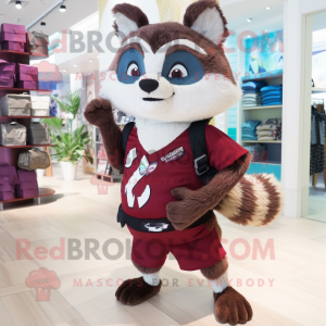 Maroon Raccoon mascot costume character dressed with a Bermuda Shorts and Clutch bags