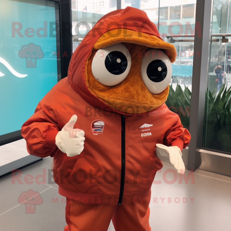Rust Fish Tacos mascot costume character dressed with a Windbreaker and Digital watches Rust Fish Tacos mascot costume character dressed with a Windbreaker and Digital watches