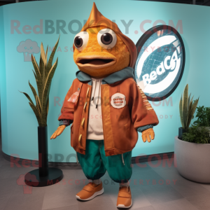 Rust Fish Tacos mascot costume character dressed with a Windbreaker and Digital watches