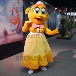 Yellow Clown Fish mascot costume character dressed with a Maxi Dress and Suspenders