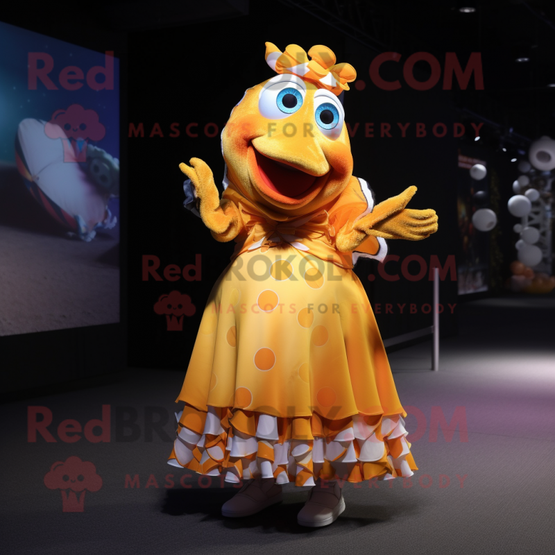 Yellow Clown Fish mascot costume character dressed with a Maxi Dress and Suspenders