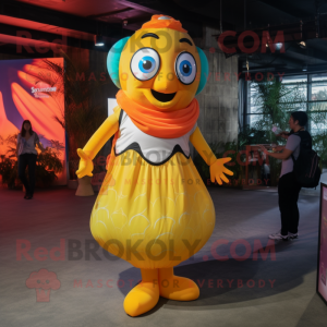 Yellow Clown Fish mascot costume character dressed with a Maxi Dress and Suspenders