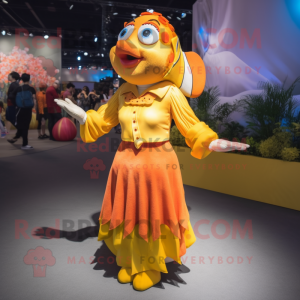 Yellow Clown Fish mascot costume character dressed with a Maxi Dress and Suspenders